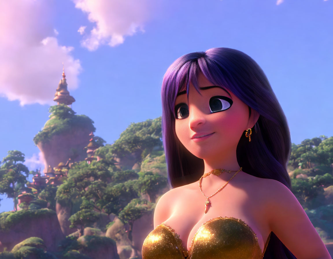 Purple-haired girl in golden dress smiles against whimsical backdrop.