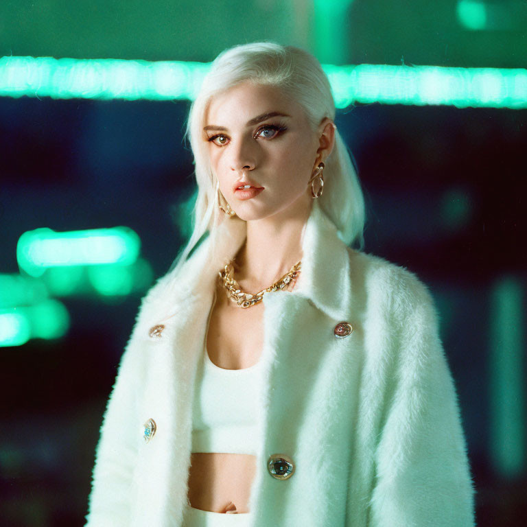 Platinum Blonde Woman in White Coat with Gold Jewelry at Night