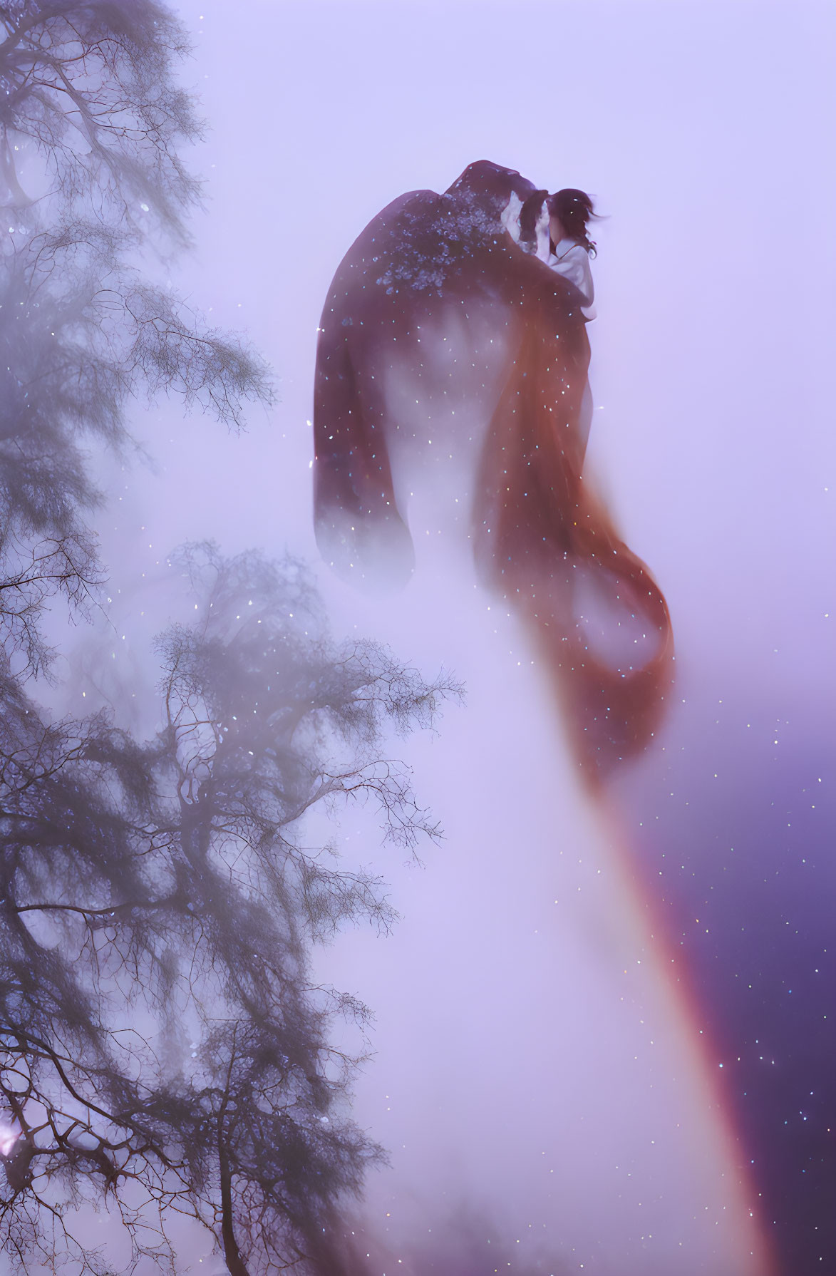 Surreal image of woman merging with cosmic backdrop amid silhouetted trees