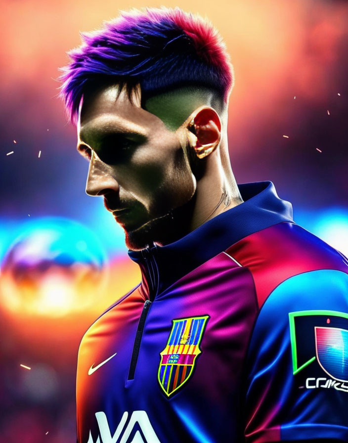 Colorful Hair Soccer Player in Barcelona Jersey Against Bokeh Background