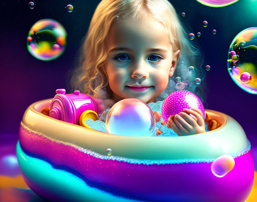 Young girl with blue eyes and curly hair playing with colorful toy camera in iridescent bubble-filled scene