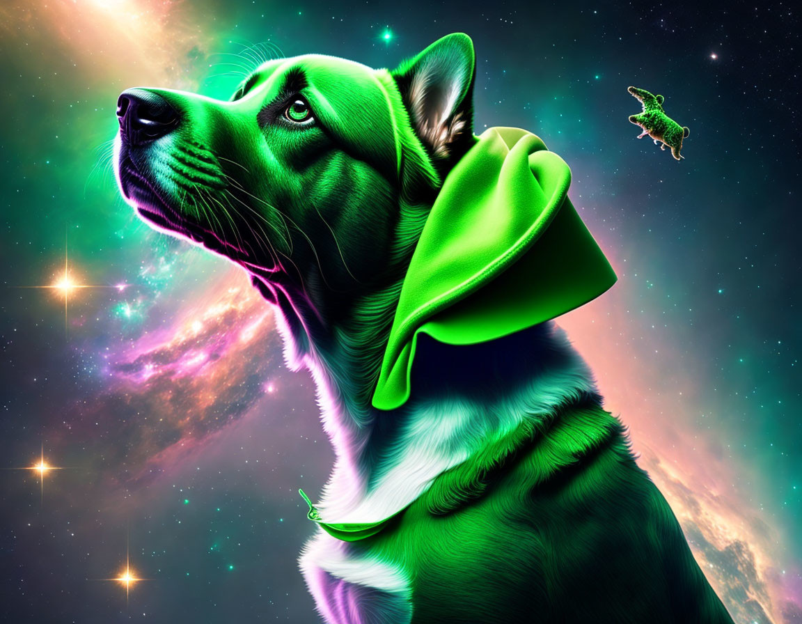 Digitally altered image of a green dog in cape with cosmic background