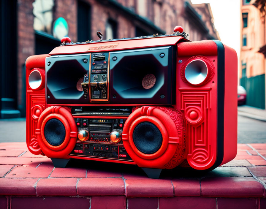 Vintage Red Boombox on Brick Surface in Urban Setting