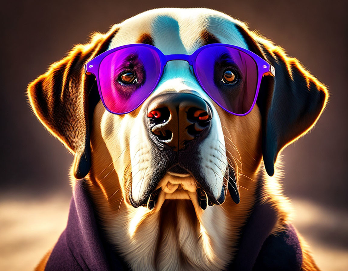 Stylized image of a dog in purple sunglasses and cloak