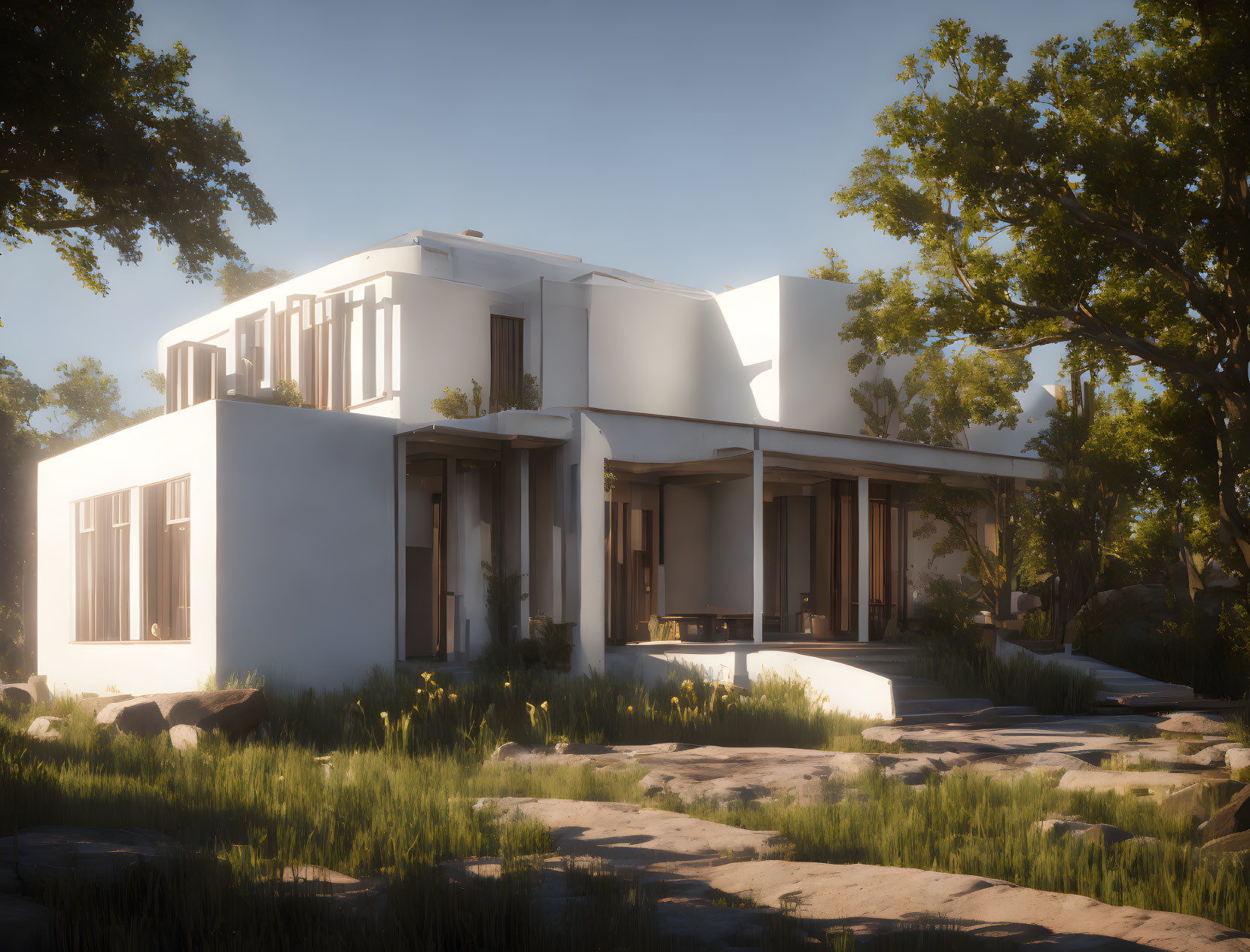 White Two-Story House Surrounded by Greenery and Large Windows