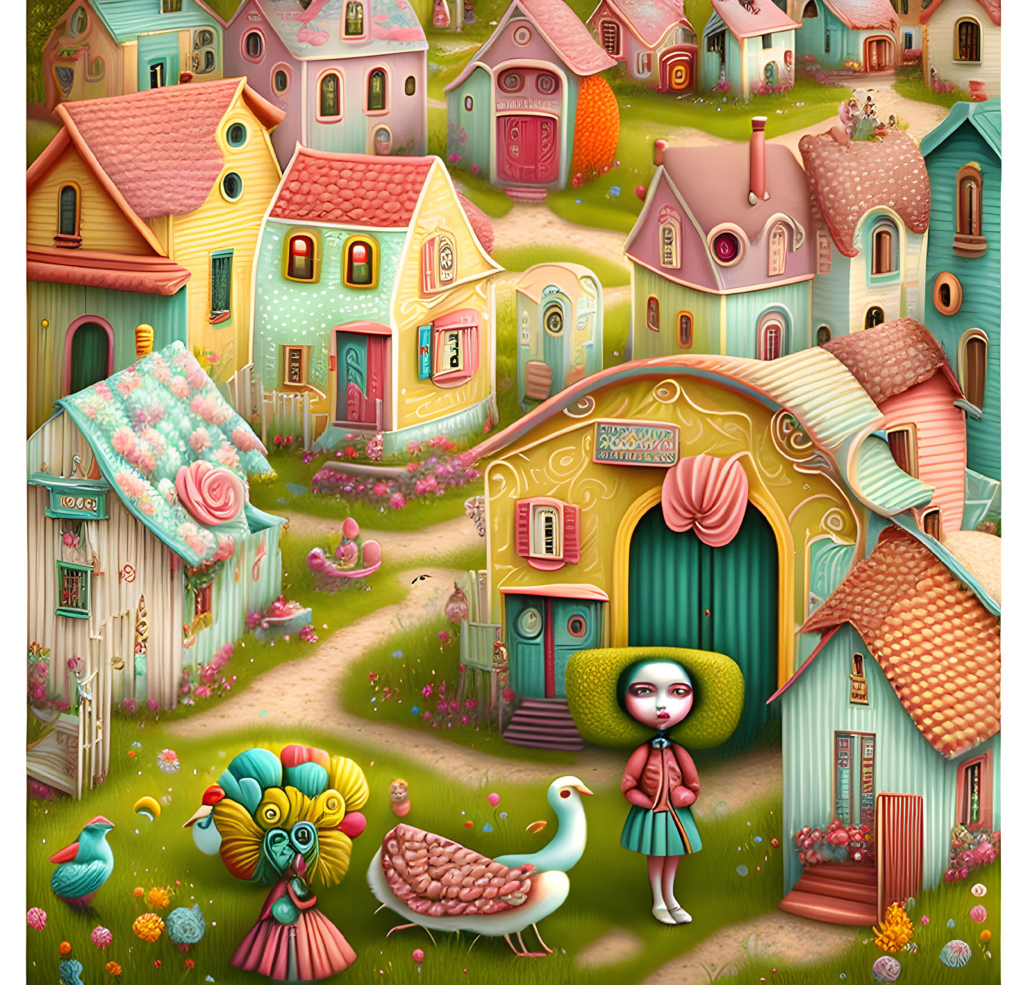 Whimsical village illustration with pastel houses, stylized girl, birds, and oversized flowers