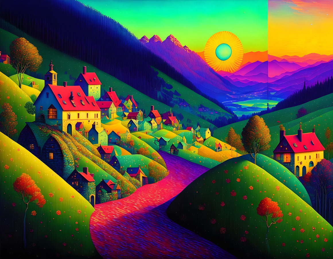 Colorful landscape with rolling hills, river, houses, trees, sunrise