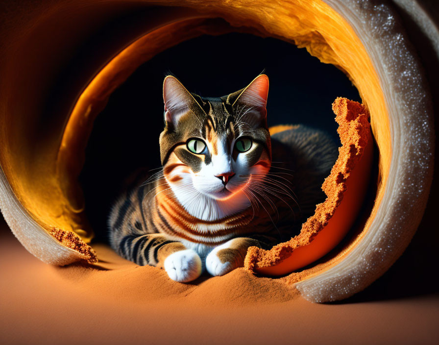 Striped Cat in Cozy Round Tunnel with Warm Golden Light