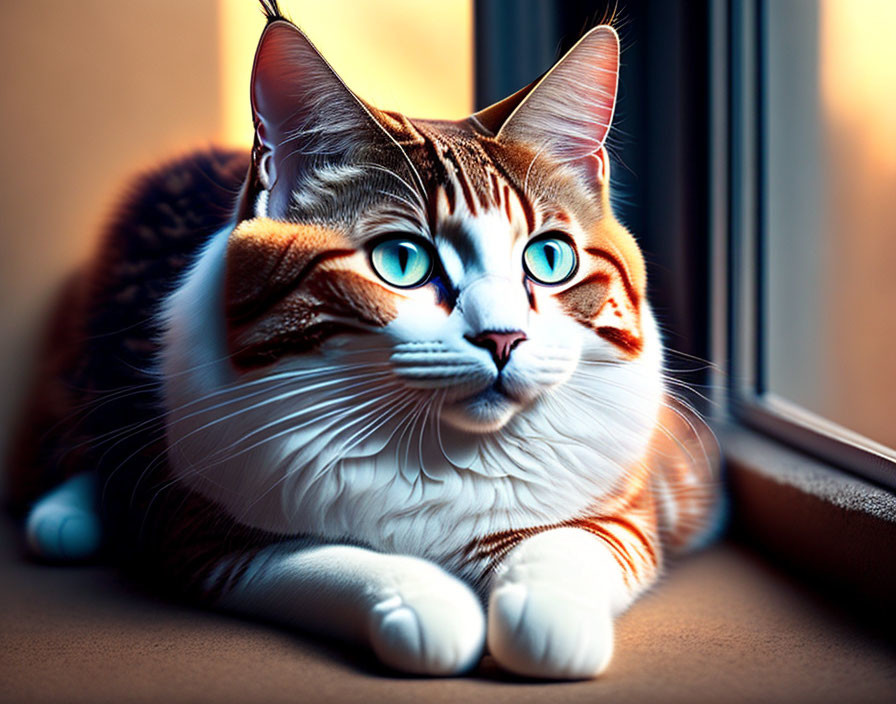 Blue-eyed cat with white and brown fur lounging by a sunlit window