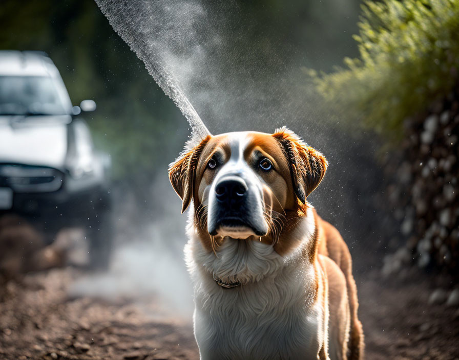 Brown and White Dog with Striking Eyes and Water Spray Background