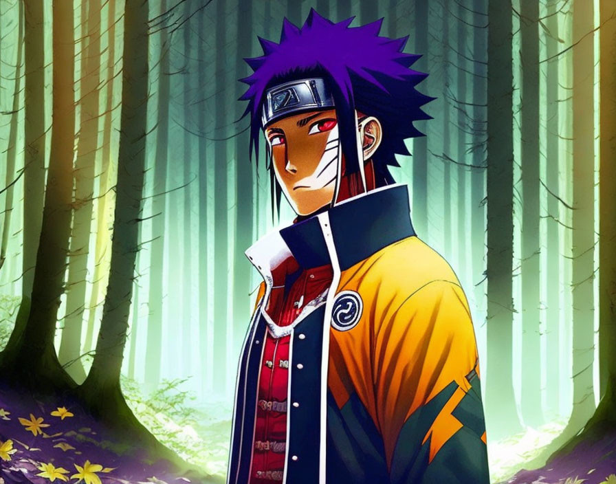 Spiky Blue-Haired Animated Character in Colorful Jacket in Misty Forest