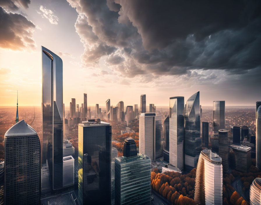 City skyline with towering skyscrapers under a dramatic sunset cloudscape