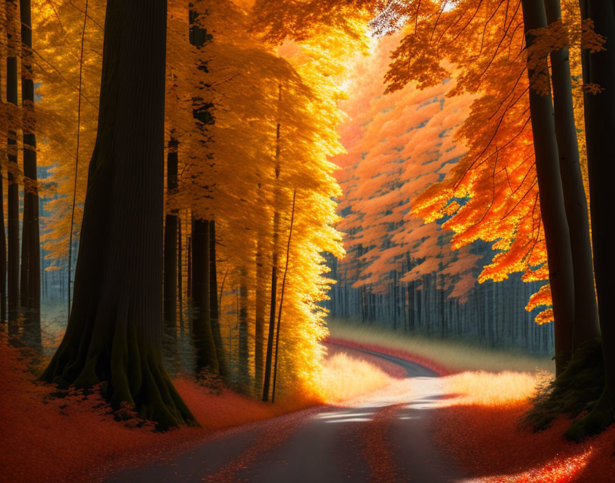 Scenic autumn forest with winding road and colorful leaves