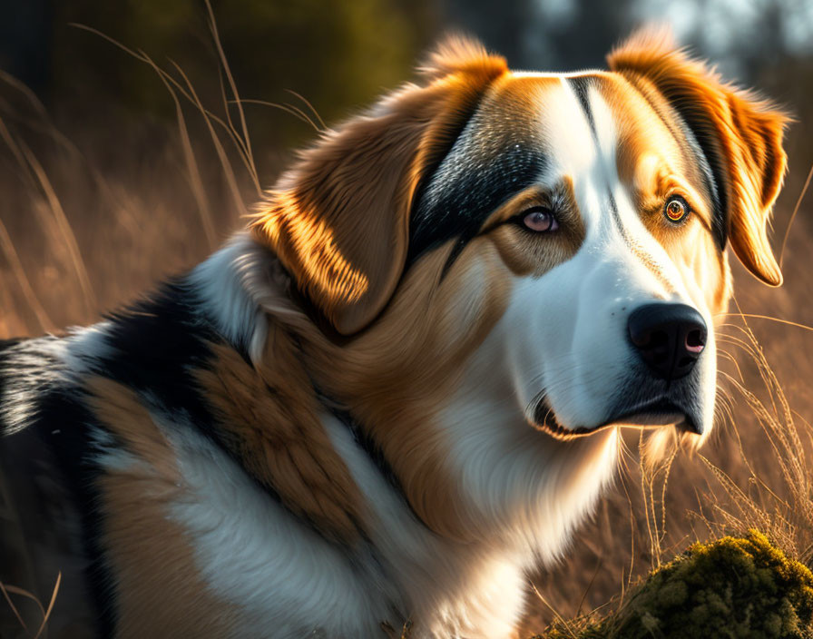 Australian Shepherd Dog with Tricolor Fur in Field at Golden Hour