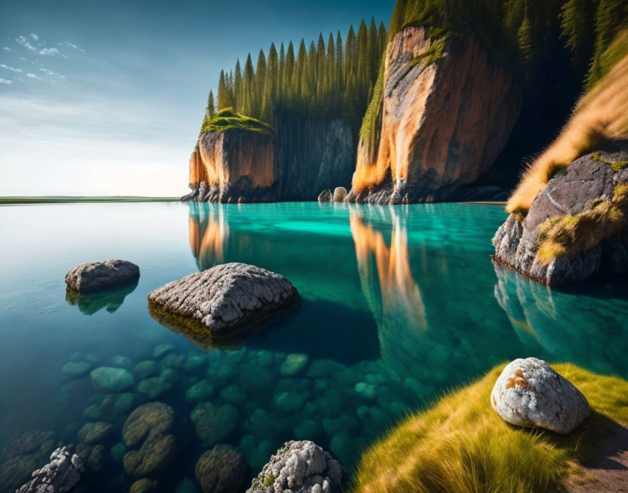 Tranquil lake reflecting towering cliffs and green trees