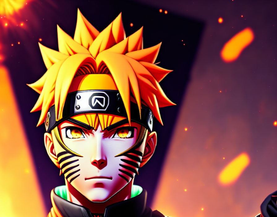 Illustrated character with spiky blonde hair and red eyes in fiery setting