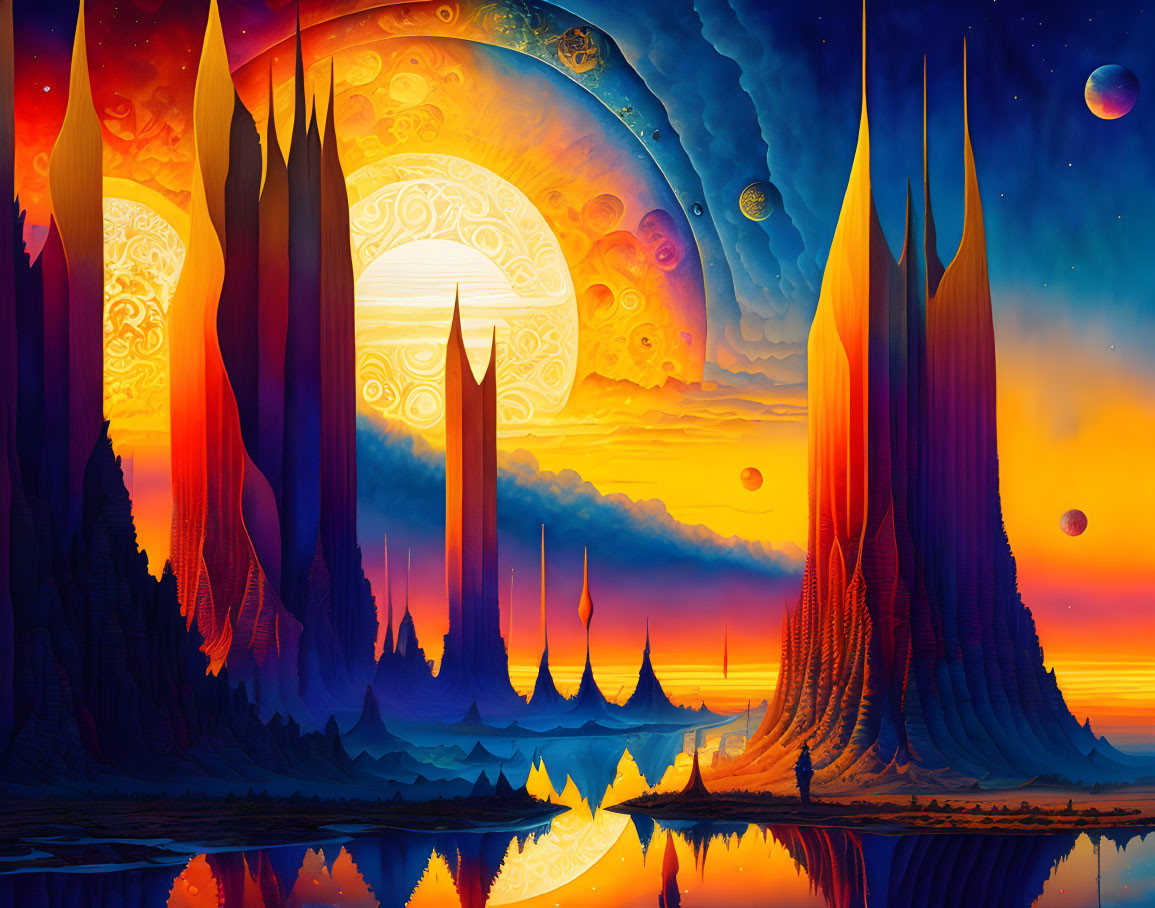 Surreal landscape with towering spires and dual-toned sky