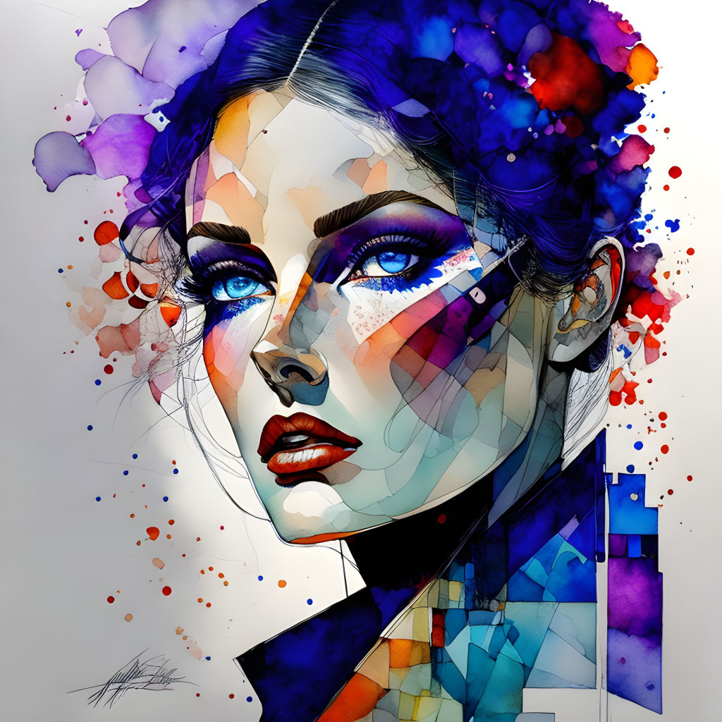 Abstract watercolor illustration of woman with blue eyes and geometric shapes in blue, purple, and orange spl