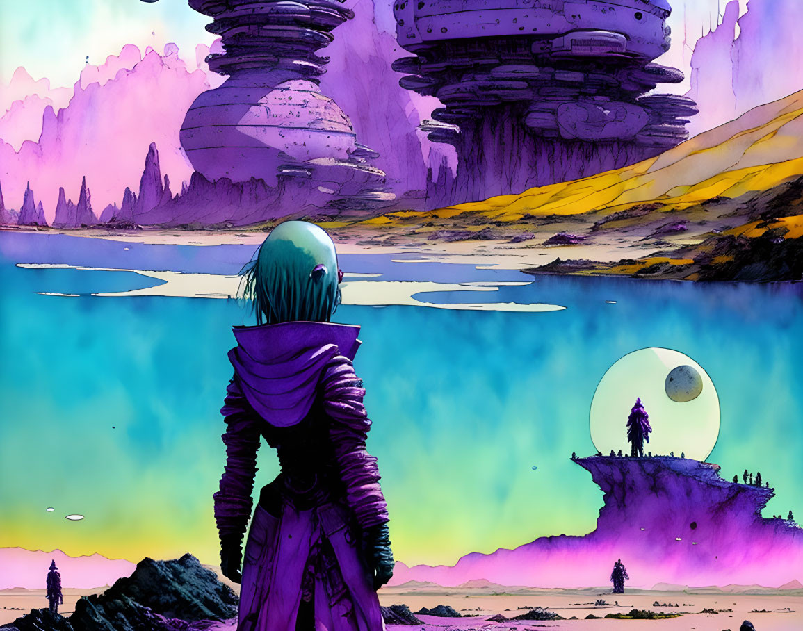 Green-haired person observes surreal landscape with towering rocks and purple skies