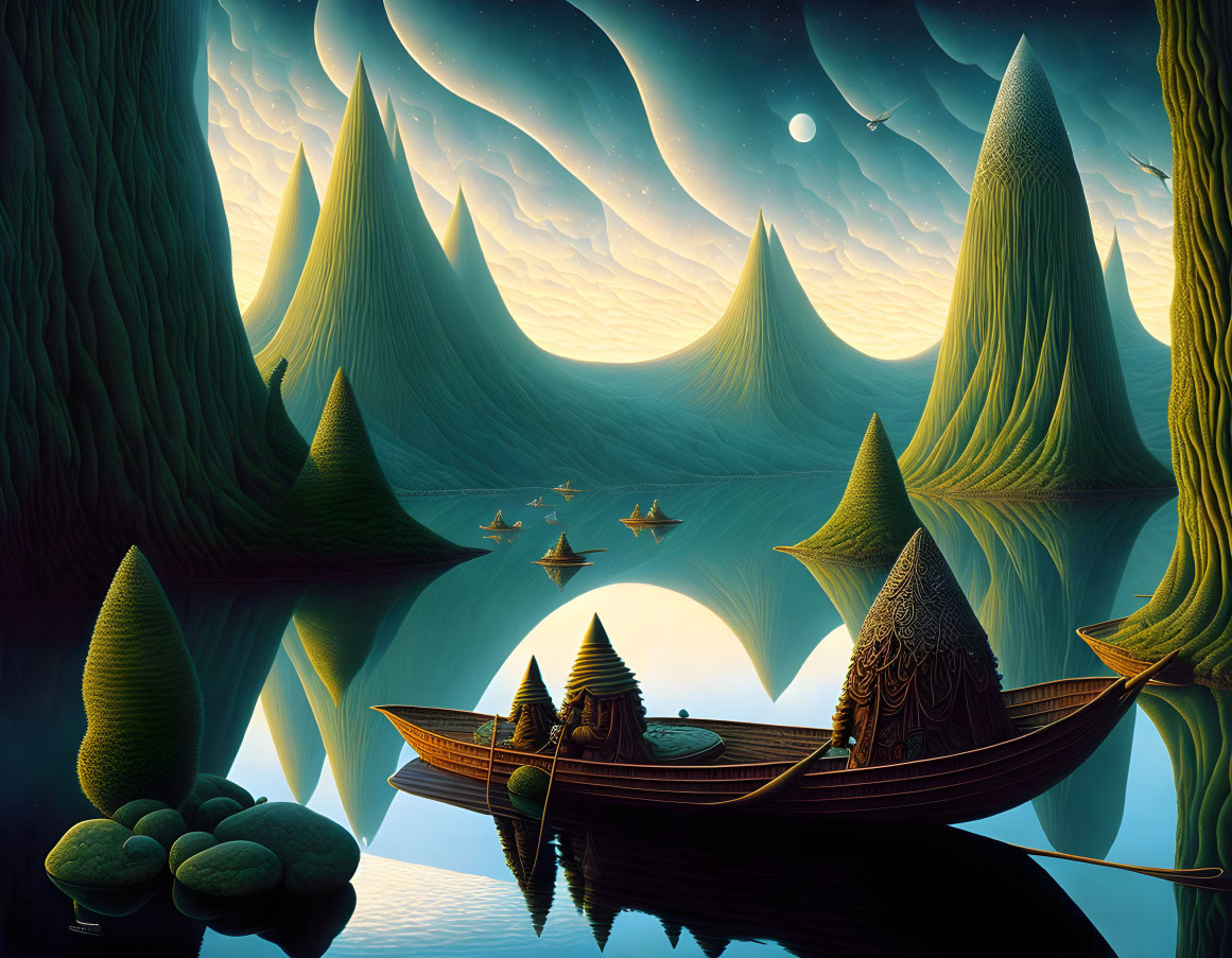 Surreal landscape with green conical mountains, starry sky, tranquil lake, boats, and