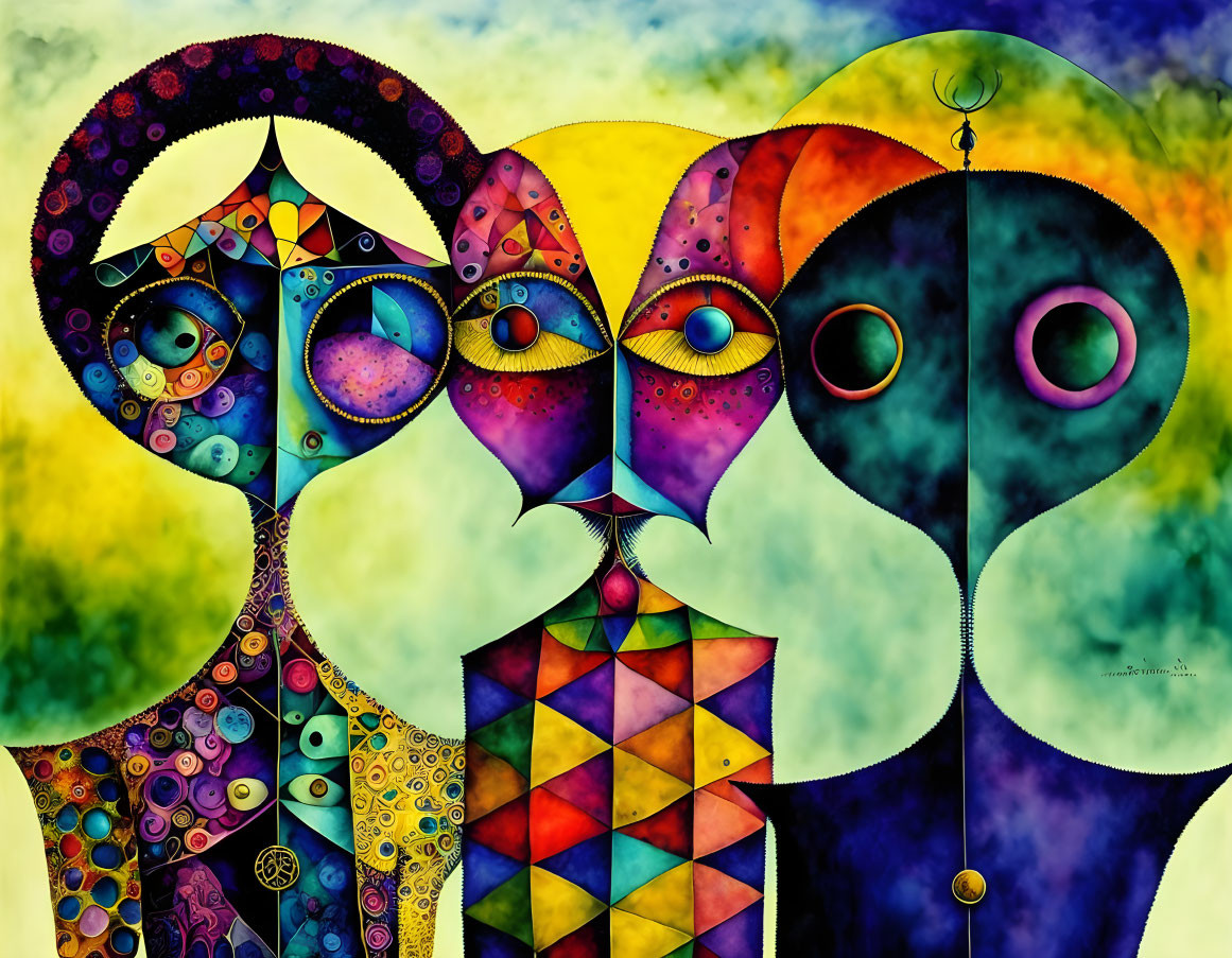 Vibrant abstract art: Four interconnected faces on colorful swirls.