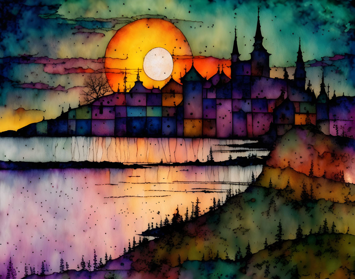 Castle silhouette against sunset reflected on water in vibrant watercolor.