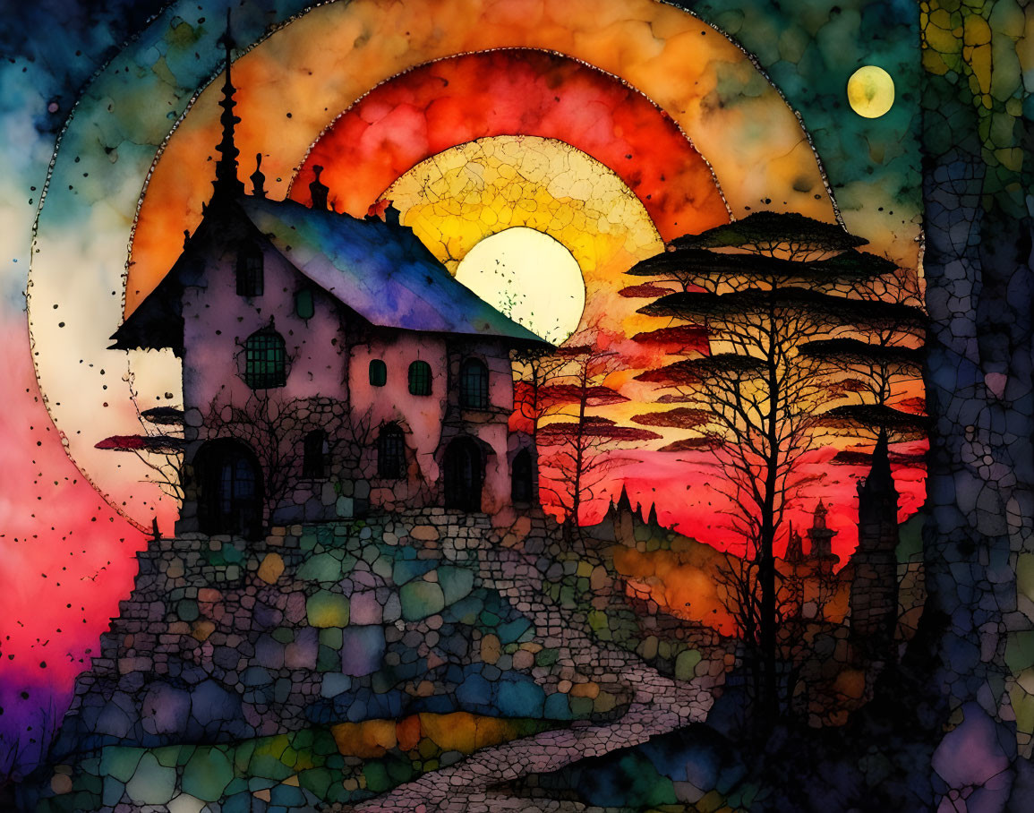 Whimsical house with spiraling tower in fiery sunset scene