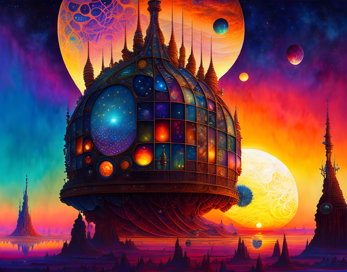 Colorful celestial landscape with floating sphere and towers