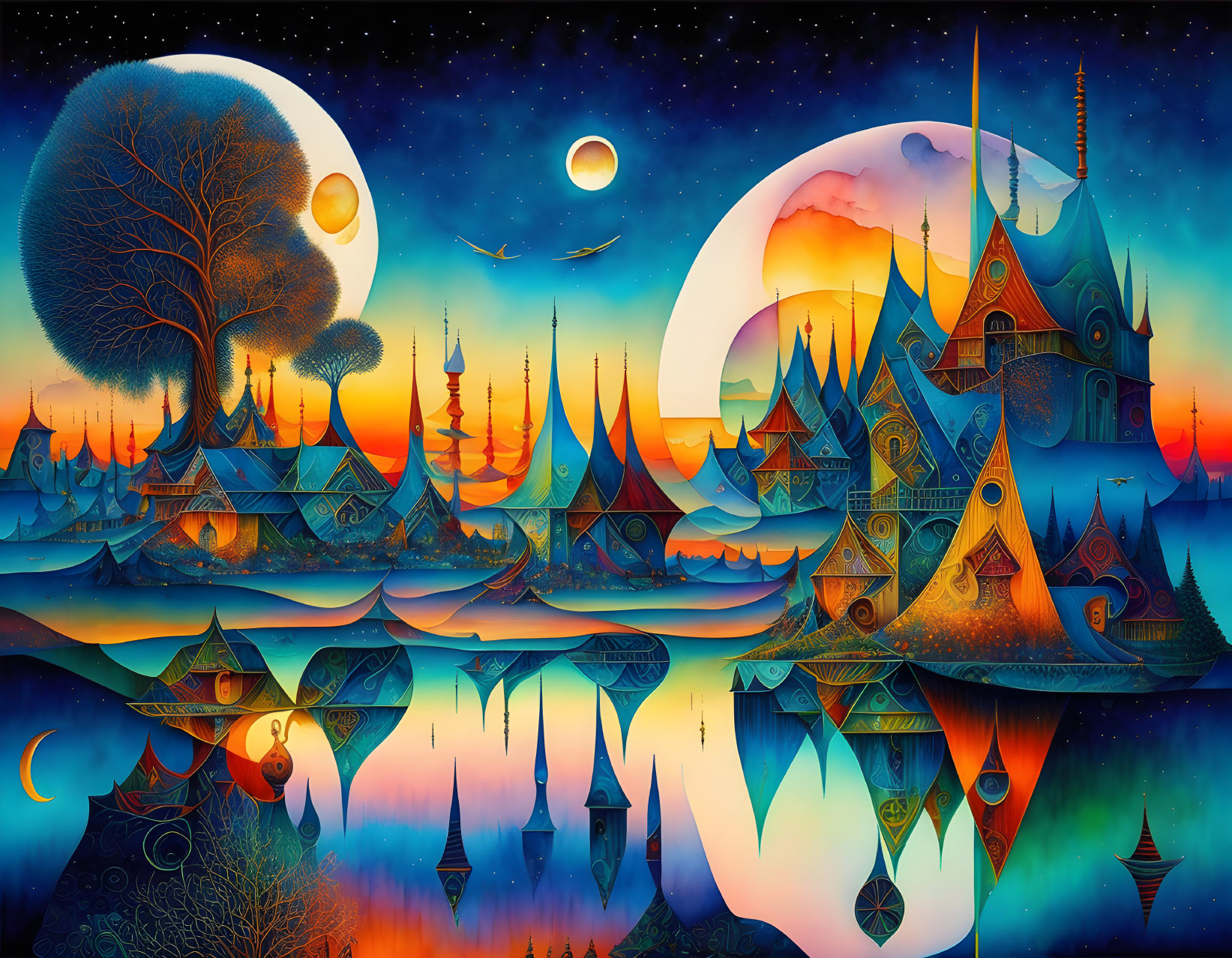 Symmetrical fantasy landscape with castles, tree, and celestial bodies under twilight sky