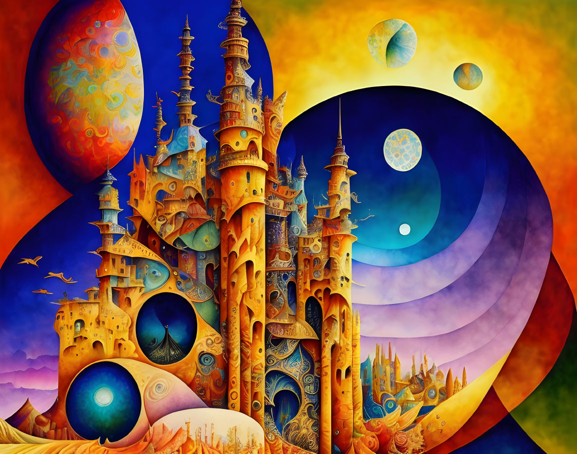 Vibrant surreal artwork: intricate castle with celestial bodies, eyes, psychedelic patterns