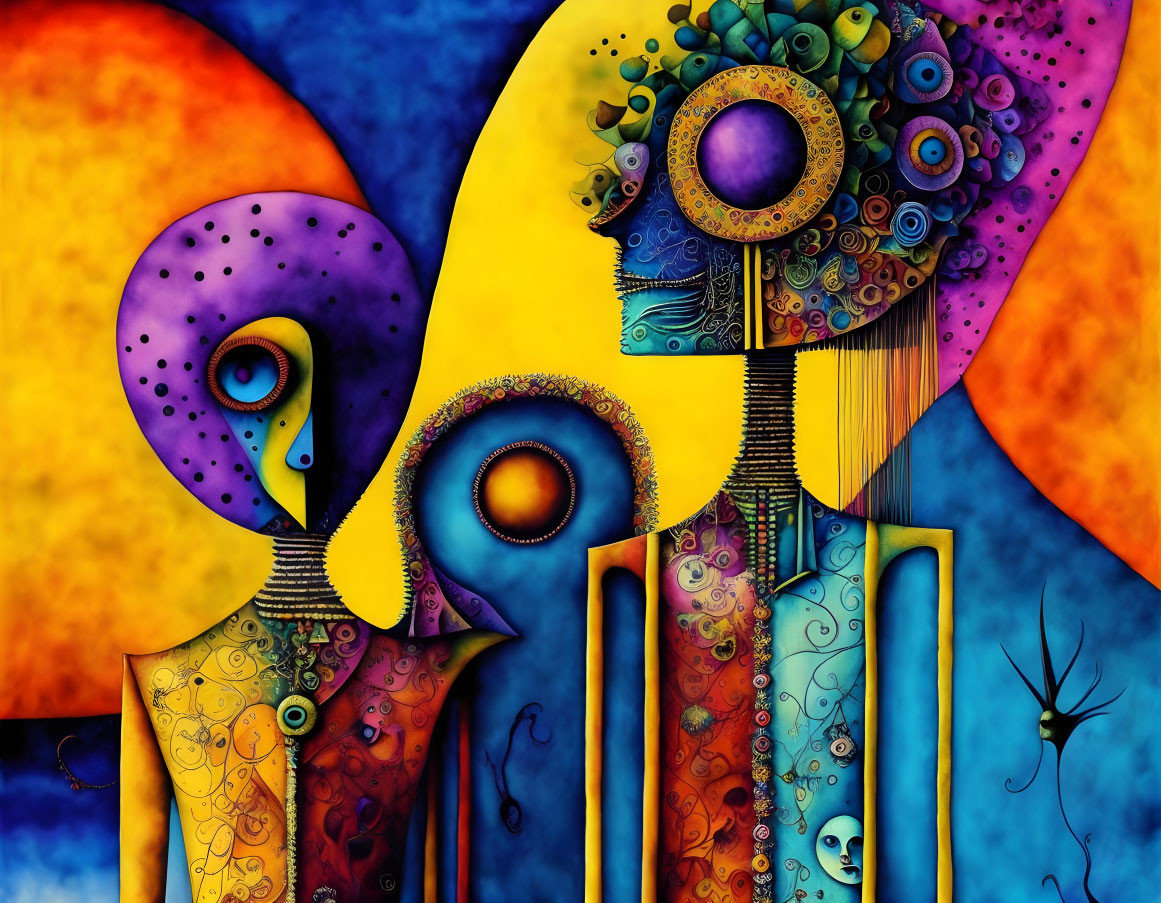 Colorful abstract painting featuring stylized figures and intricate patterns