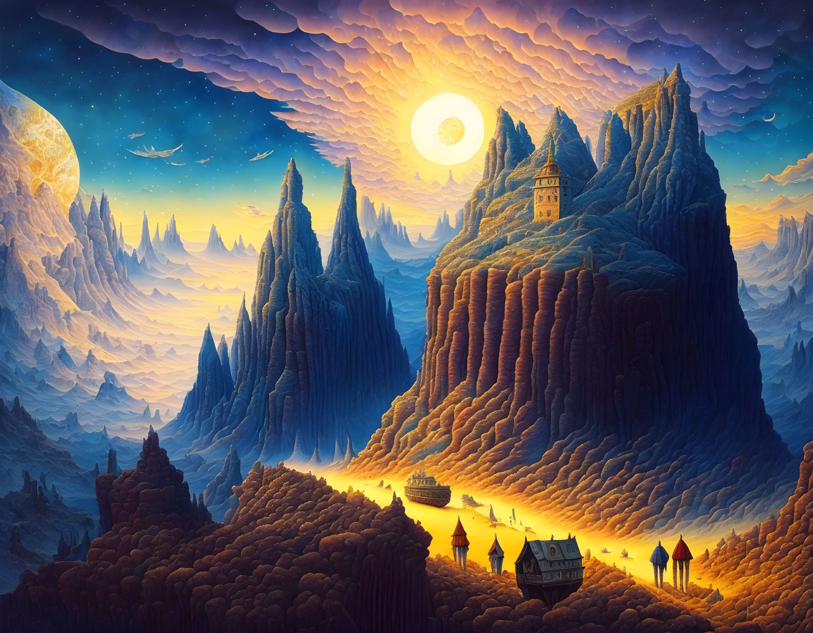 Fantasy landscape with illuminated castles on mountain peaks under starry sky