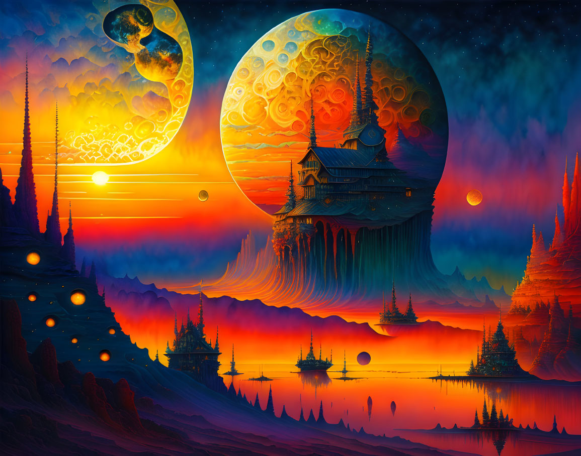 Fantastical landscape with towering spires, traditional buildings, moon, celestial bodies, and fiery sky