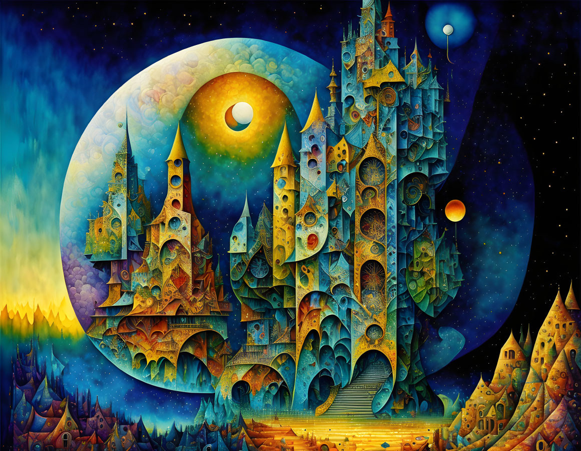 Whimsical Castle Painting with Celestial Night Sky