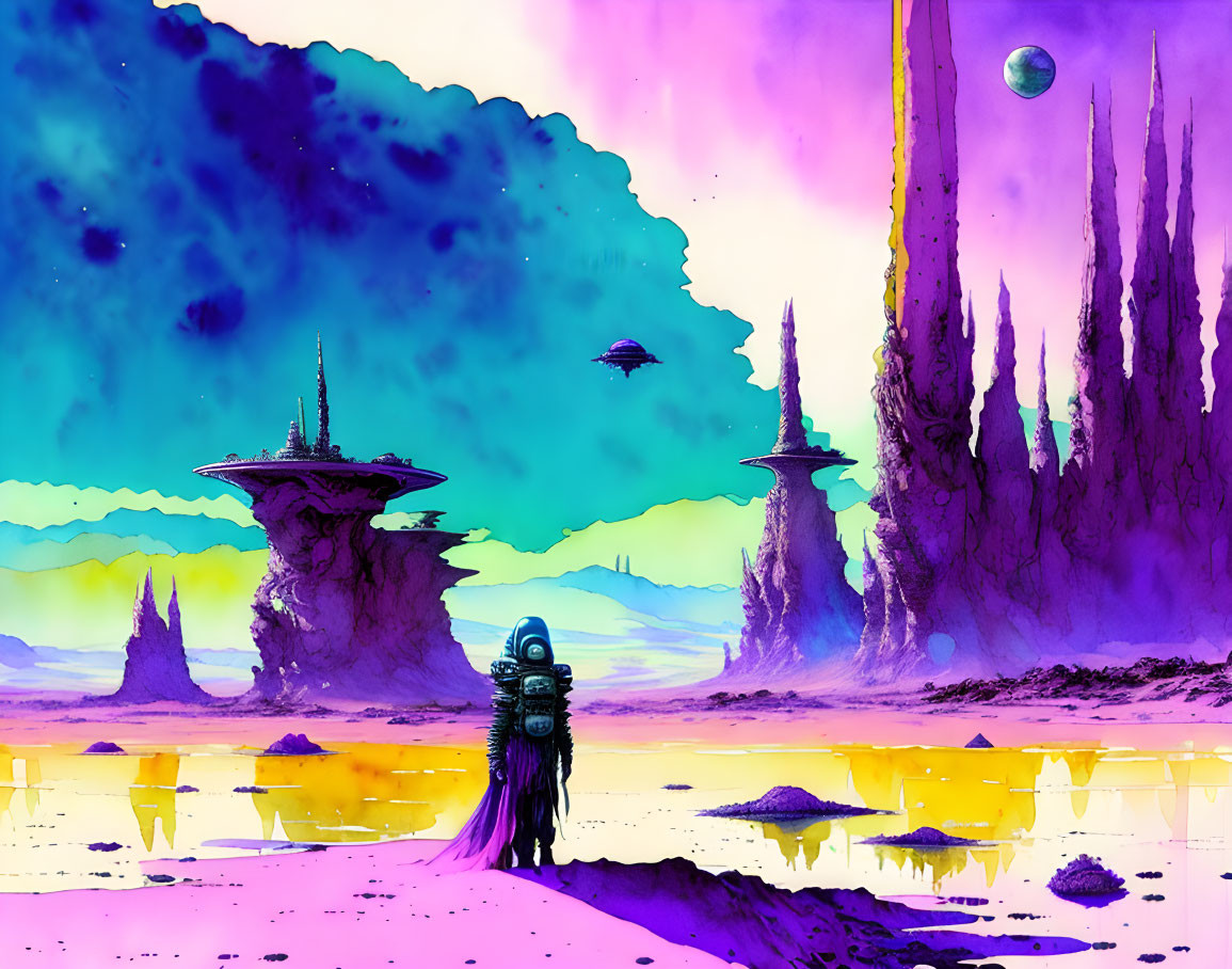 Spacesuit Figure on Vibrant Alien Landscape with Moons