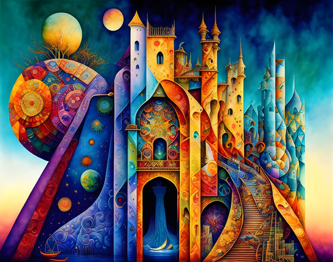 Colorful Abstract Castle Painting with Celestial Motifs