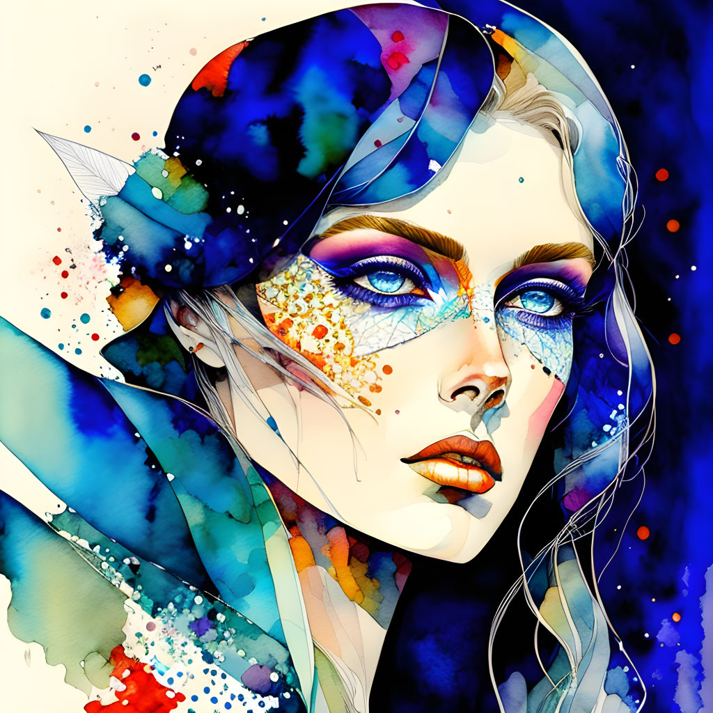 Vibrant watercolor illustration of a woman with striking makeup and colorful headscarf.