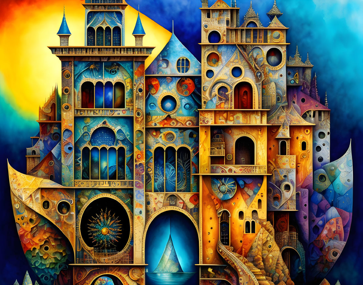 Colorful artwork of whimsical castle with intricate patterns and surreal quality