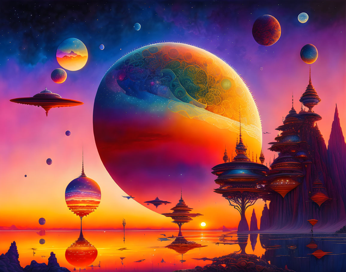 Colorful Sci-Fi Landscape with Floating Islands and Futuristic Structures