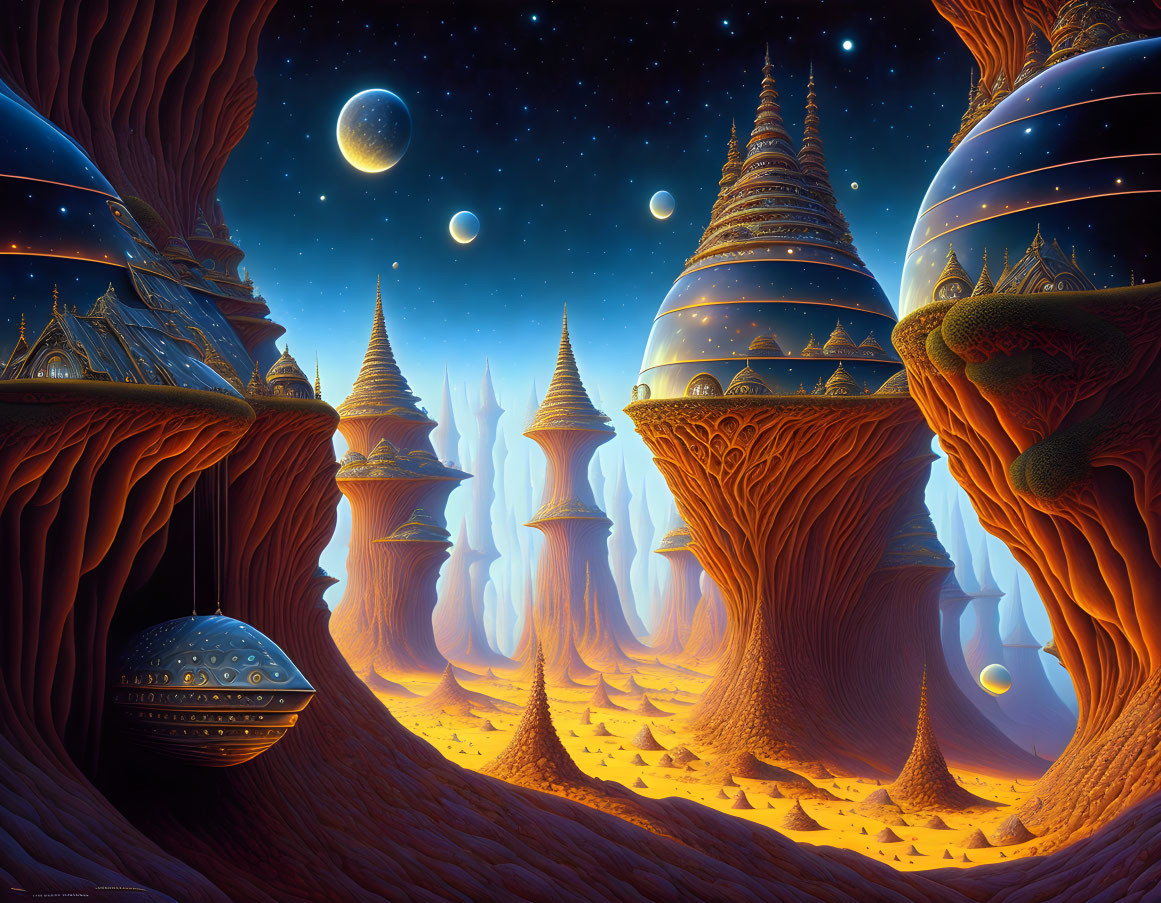 Fantasy landscape with towering rocks, celestial bodies, and futuristic structure.