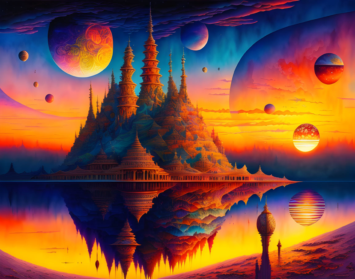 Colorful fantasy landscape with pagoda, reflective water, planets, and surreal sky