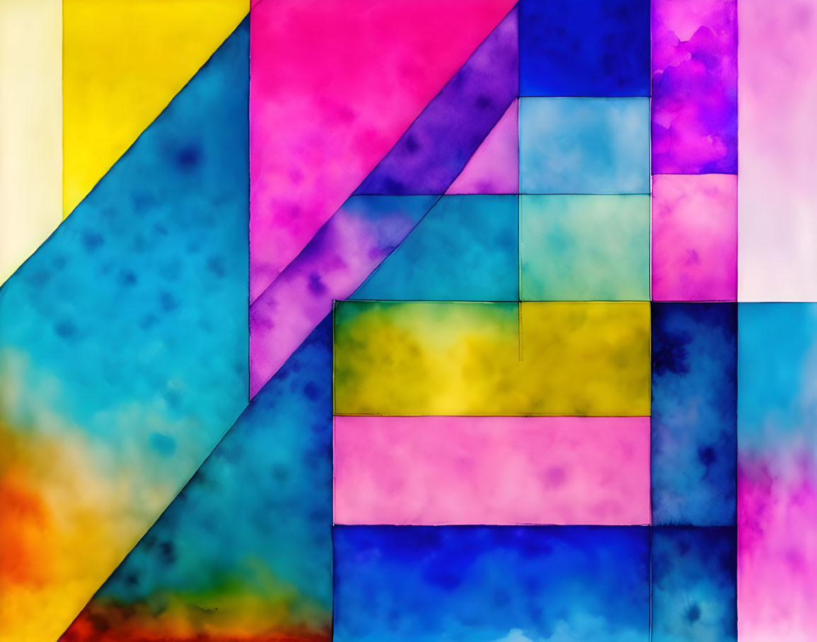 Colorful Geometric Watercolor Painting with Triangles and Rectangles in Blue, Pink, Yellow,