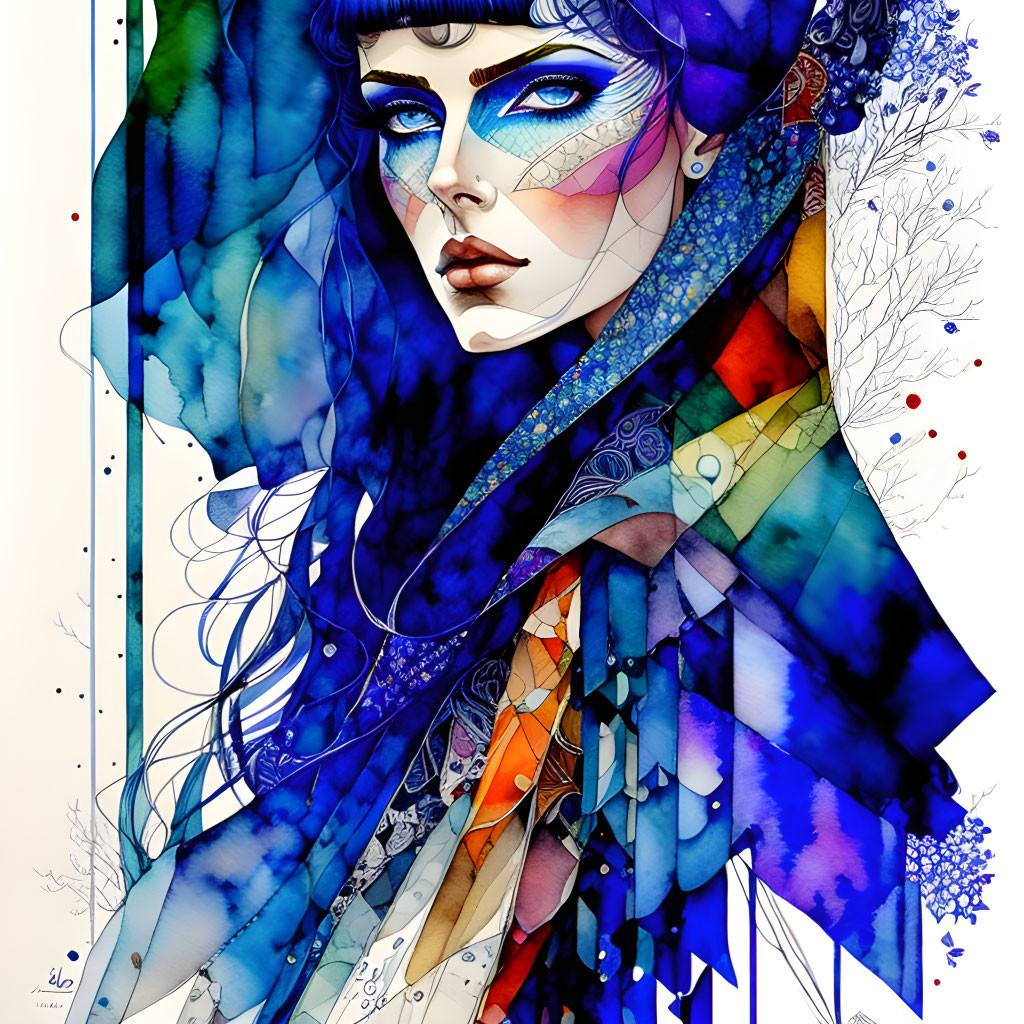 Vibrant illustration of woman with blue makeup and floral patterns