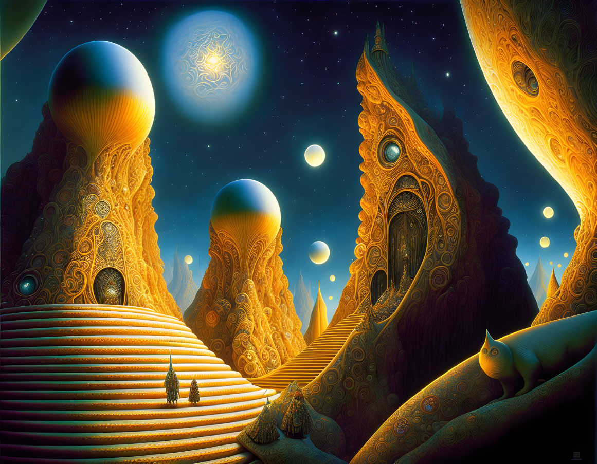 Surreal landscape with glowing orbs, alien-like structures, and patterned sky