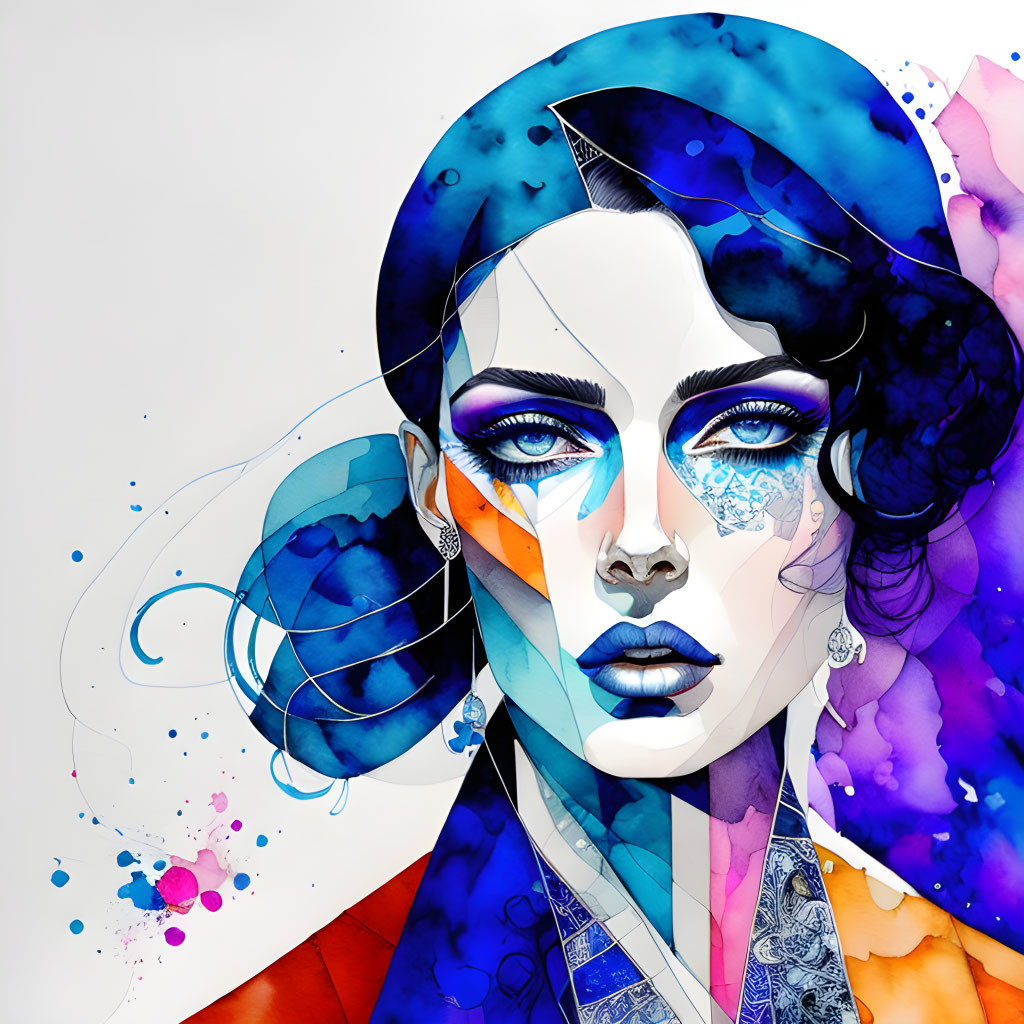 Vibrant watercolor woman with blue and purple designs