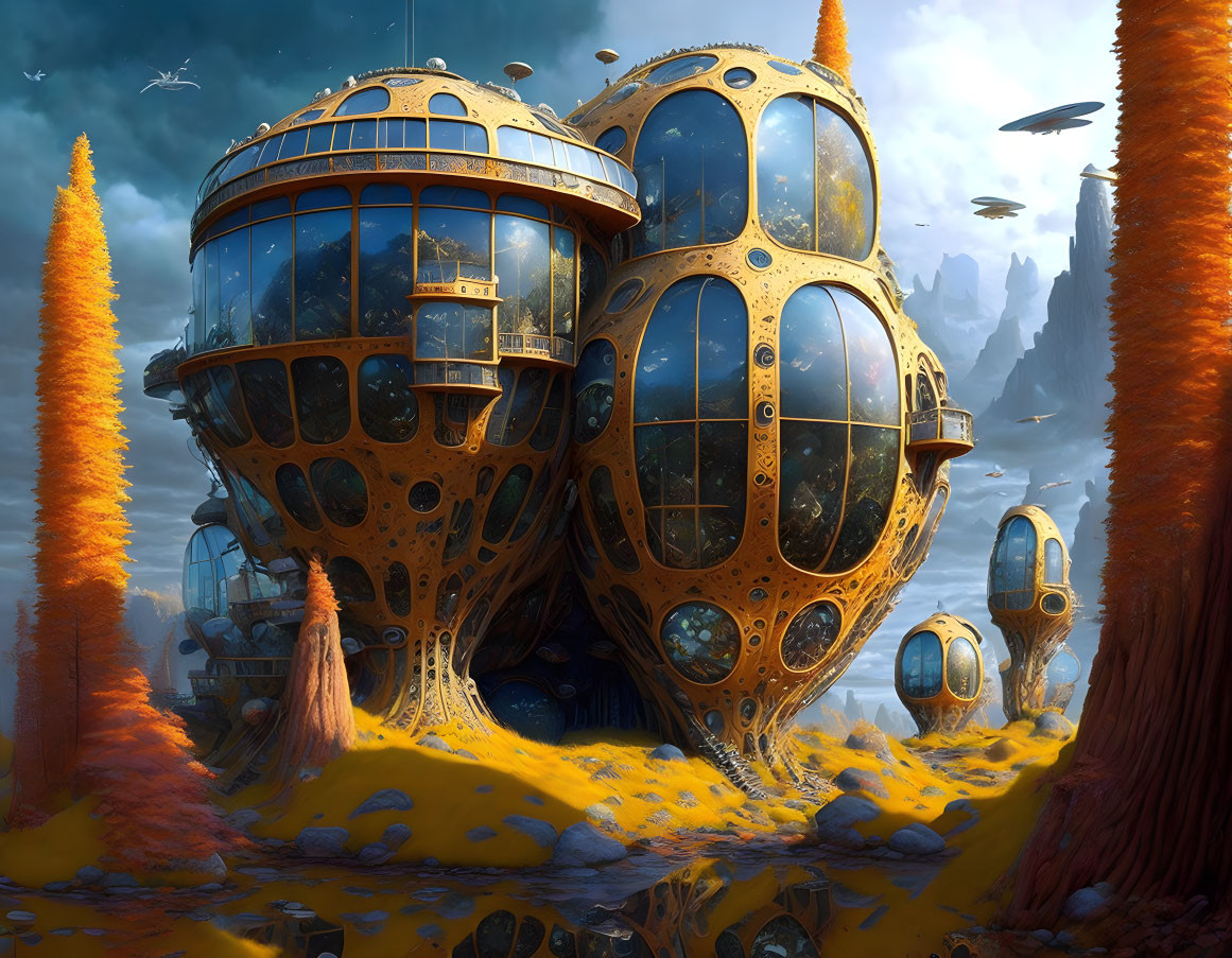 Spherical futuristic buildings amid orange foliage and floating rocks under blue sky