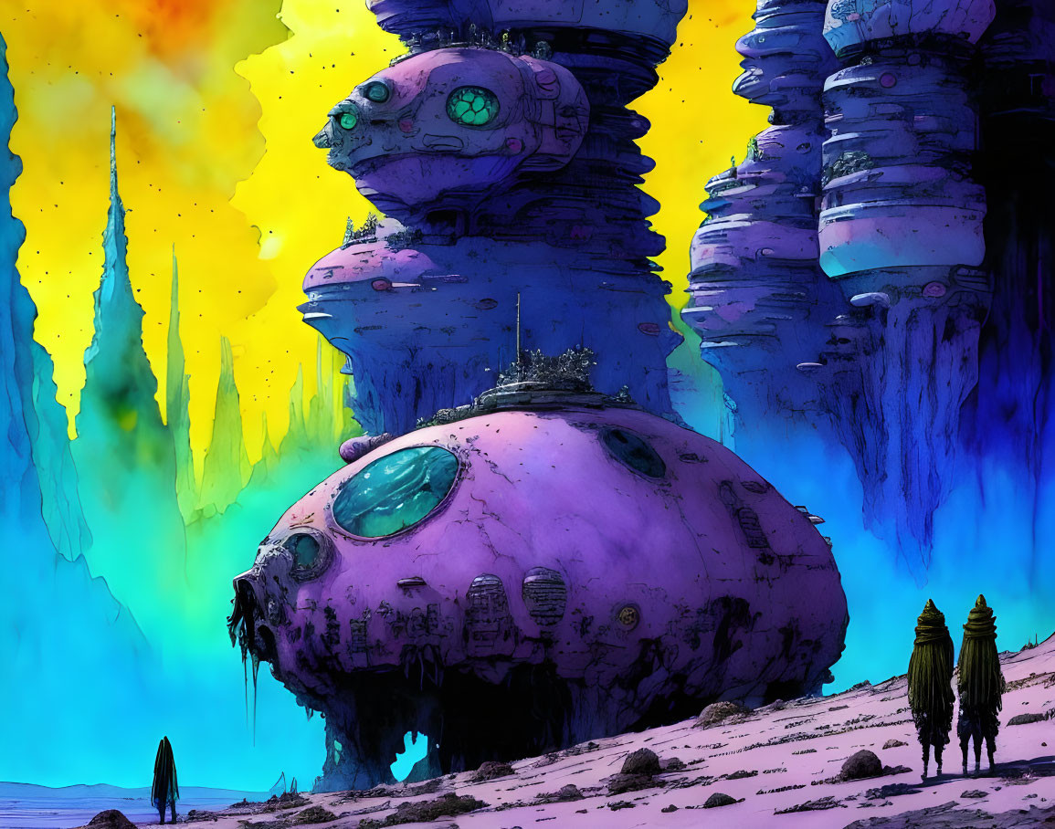 Colorful Alien Landscape with Purple Rocks, Spherical Structures, Figures