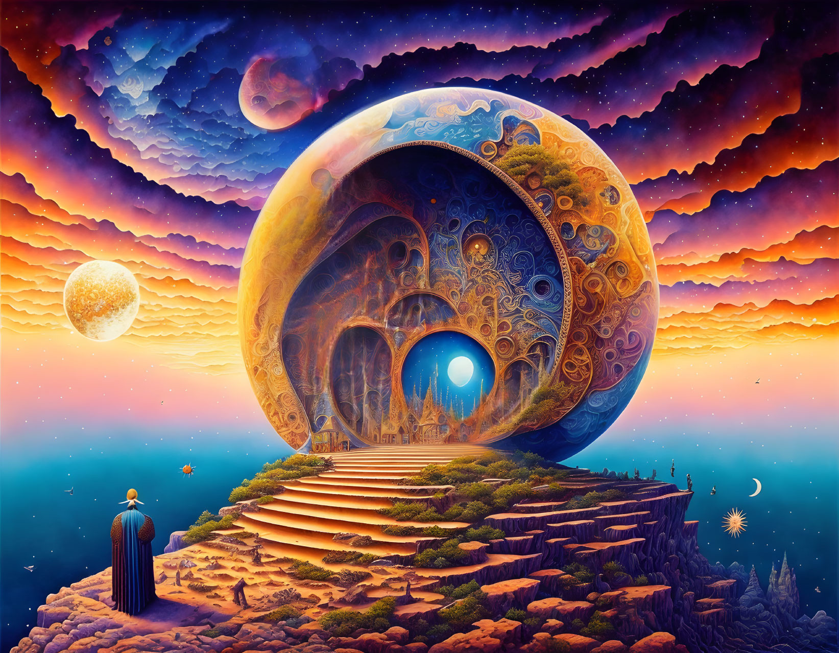 Surreal landscape with figure, steps, ornate sphere, cosmic backdrop.