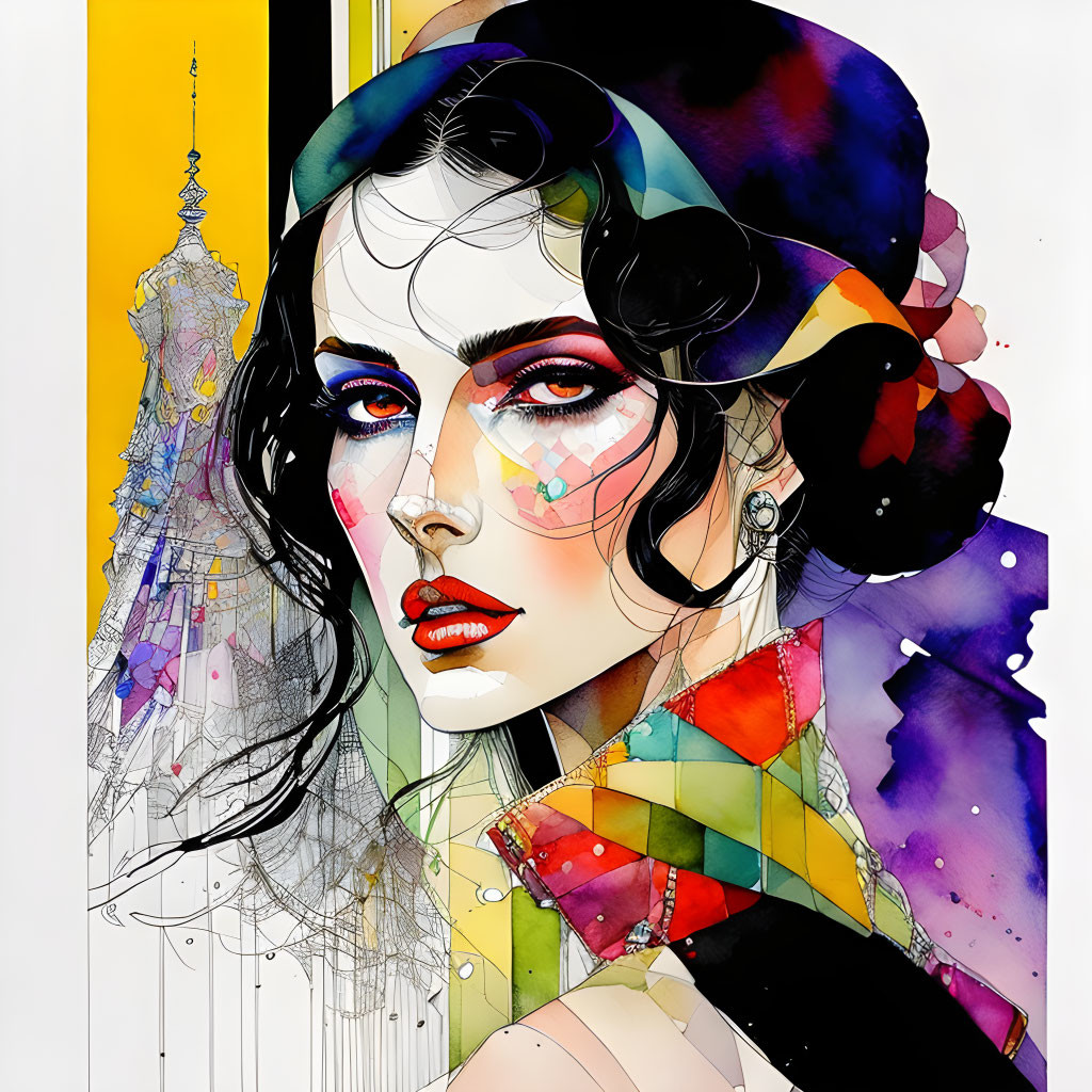 Colorful Geometric Patterns Surround Stylized Woman and Tower Drawing