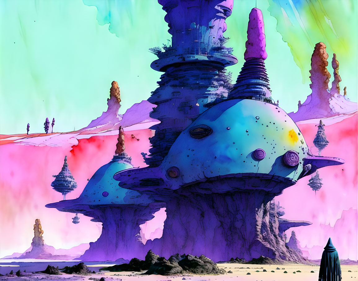 Colorful alien landscape with towering mushroom structures under multicolored sky